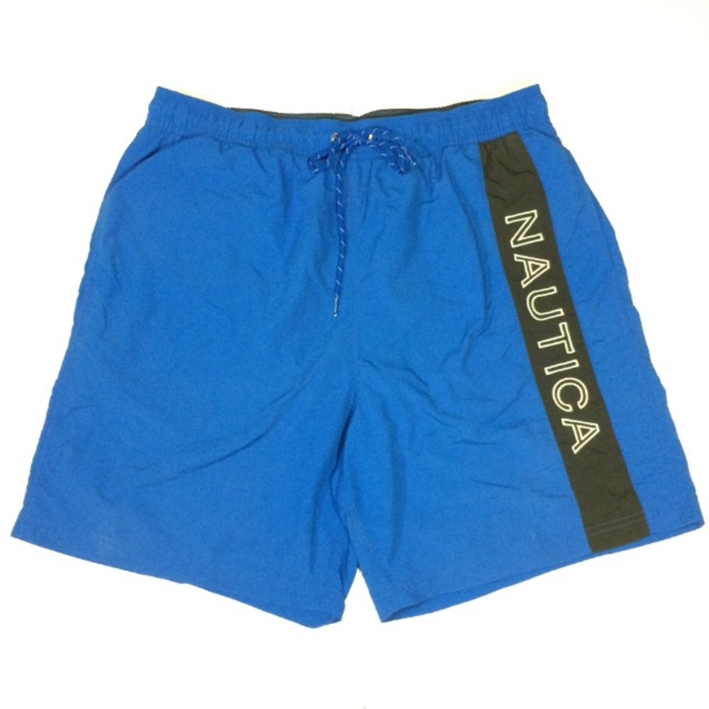 Vintage 90s Bright Blue Spell Out Nautica Swim Shorts Trunks